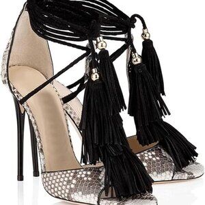 Women's Suede Fringed Trim Ankle Strap Stiletto Tassels Heels
